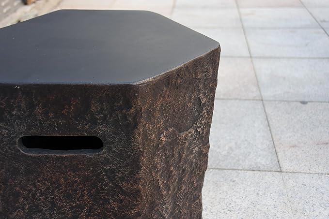 AMS Fireplace | Elementi 20lb Propane Tank Cover (Columbia Style) | High-Performance Cast Concrete, Brown Color, Hexagon Shape, Size - 18.5" x 15" x 24.4" inches | Suited for 20 lb Propane Tank