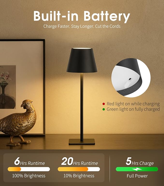 UME 3 Pack Cordless Table Lamp, Battery Operated Lamp - Portable Waterproof Rechargeable Table Lamp w/ 3 Color Temps & Stepless Dimming for Dinner, Desk, Cafe, Outdoor (Black)
