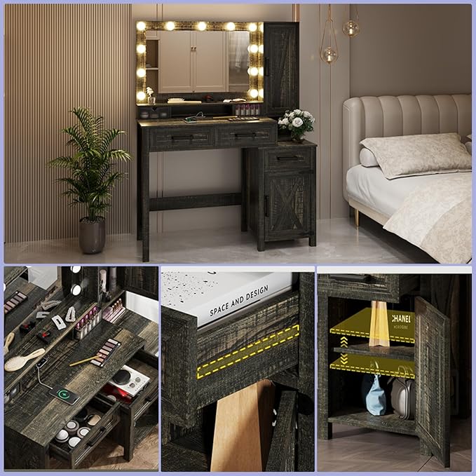 Makeup Vanity, Farmhouse Vanity with Square Mirror & Tricolor Lighting Adjustment, 43'' Fashion Makeup Desk with Two Spacious Drawers, Side Storage Cabinet & Built-in Charging Station, Brown