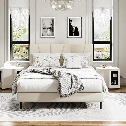 Full Size Platform Bed Frame with Upholstered Headboard, Wooden Slats Support, Noise Free, No Box Spring Needed, Easy Assembly, Beige, Velvet