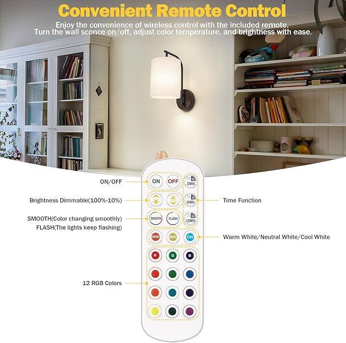 Battery Operated Wall Sconce Set of 2, Black Rechargeable Dimmable Wall Light Fixture Remote, 12 RGB Colors & Timer, Wireless Lamp White Shade