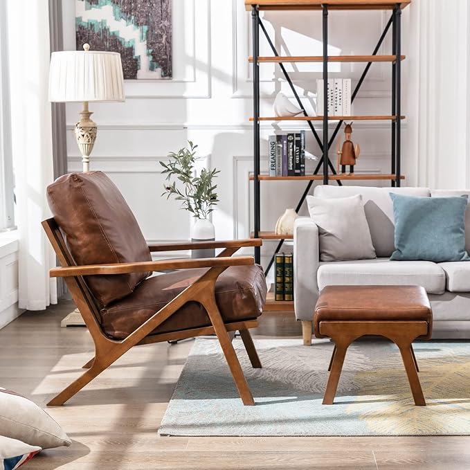 Brown Leather Accent Chair and Ottoman, Mid Century Modern Arm Chair, Retro Upholstered Armchair with Wood Frame & Removable PU Cushions, Large Leisure Slipper Chair for Living Room/Bedroom, Set of 2