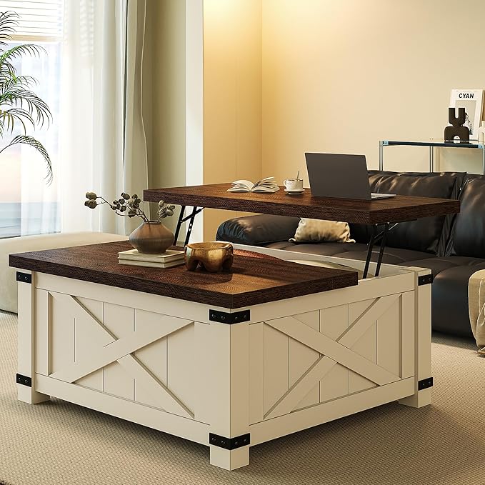 EnHomee Coffee Table 35.7" W Lift Top Coffee Tables for Living Room White Modern Coffee Table with Storage, Square