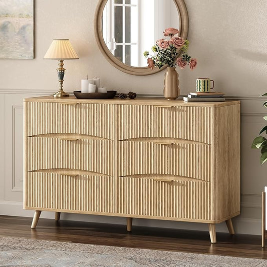 55" Wide Fluted 6 Drawer Dresser, Mid Century Modern Curved Dresser, Light Wood Chest of Drawers for Bedroom, Living Room and Entryway, Natural Oak