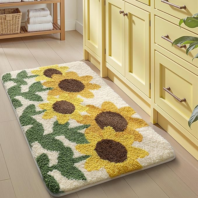 LUMI Bathroom Rug 24x36, Soft Absorbent Microfiber Bath Mats, Non-Slip Machine Wash Bath Mats for Bathroom, Shower and Bathtub Floor, Sunflower
