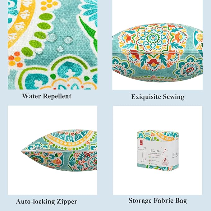 FUNHOME Indoor Outdoor Lumbar Pillow Covers ONLY, Water-Repellent Fade-Resistant Patio Lumbar Cases 12” x 20”, Throw Pillowcase Shell for Couch Garden Furniture Use -Cyan Circle