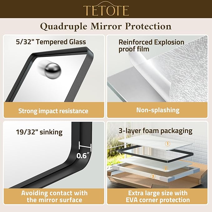 TETOTE 48 x 36 Black Mirror Large Matte Black Bathroom Mirror, Tempered Glass, Wall Mounted for Bathroom, Entryway, Bedroom, Living Room(Horizontal/Vertical)