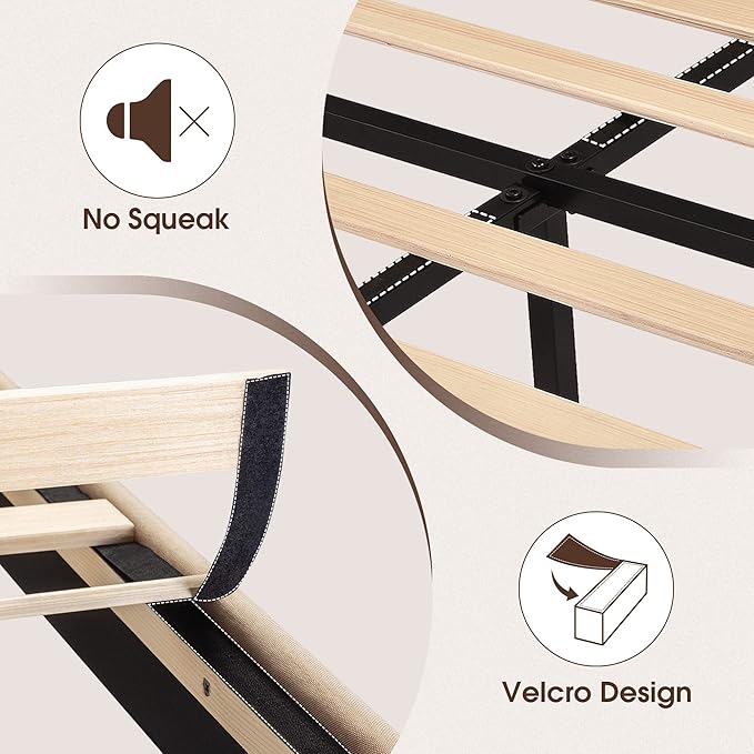 WEEWAY King Bed Frame Platform Bed with Linen Fabric Upholstered Headboard and Wooden Slats Support, Heavy Duty Mattress Foundation, No Box Spring Needed, Easy Assembly, Beige