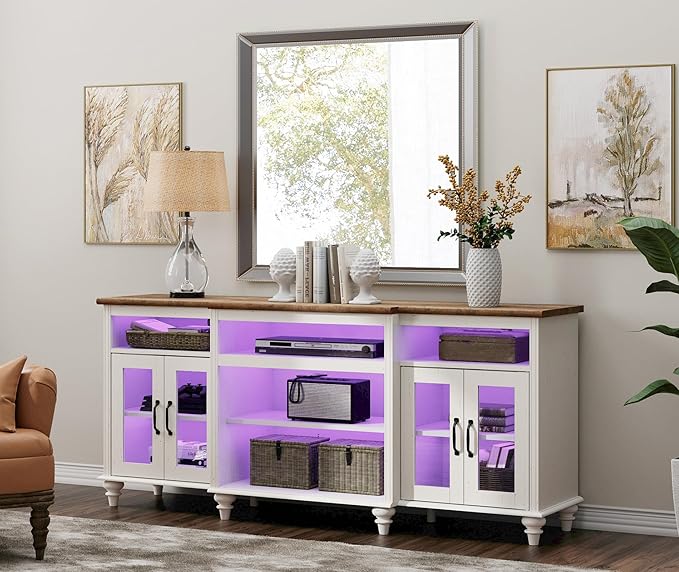 WAMPAT Farmhouse TV Stand with Colorful LED Light, 4-Door Glass Wood Entertainment Center with 9 Storage Cabinets, Media Console Table for Living Room Bedroom，70'', Antique White