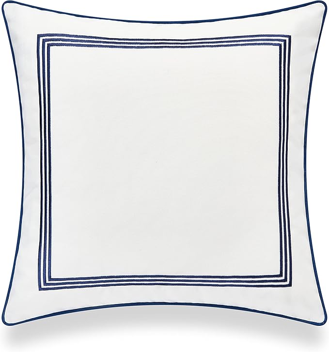 Hofdeco Premium Coastal Hampton Style Patio Indoor Outdoor Pillow Cover Only, 20"x20" Water Resistant for Backyard, Couch, Navy Blue Embroidered Square Line