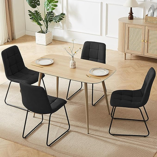 47.2" Modern Dining Table Set for 4, Wood Table with 4 Black Leather Chairs, Stylish Kitchen & Dining Room Furniture, Space-Saving Table and Chairs Set