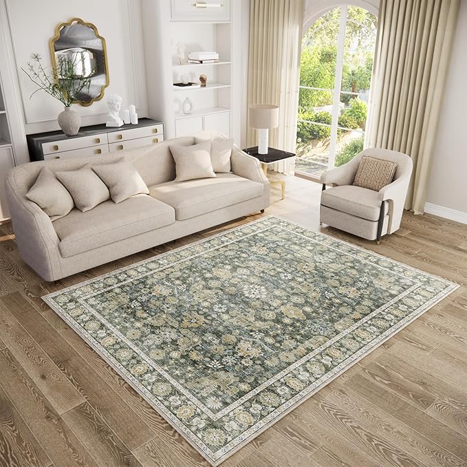 Washable Area Rugs 5'x7' Non-Slip Vintage Boho Distressed Fade Resistant Low Pile Carpet for High-Traffic Living Room, Bedroom & Dining Room