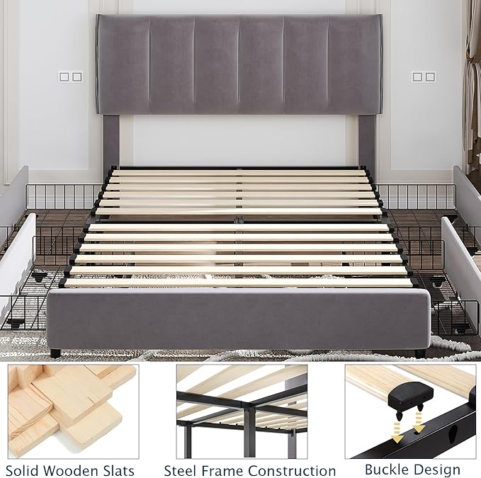 VECELO Queen Upholstered Bed Frame with 4 Storage Drawers and Adjustable Velvet Headboard, Heavy-Duty Platform bedframe, No Box Spring Needed, Dark Grey