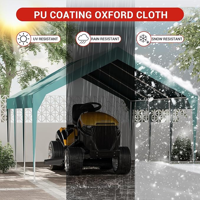 13x20FT Heavy Duty Carport Canopy with Sturdy Frame, Portable Waterproof and UV-Resistant Garage Shelter, Adjustable Height for Car, Boat, Outdoor Storage and Parties Green