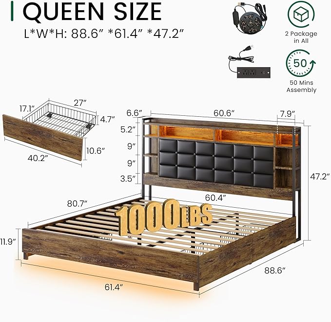 Queen Size Bed Frame with 4 Storage Drawers and Bookcase Headboard, Faux Leather Upholstered, Wooden Platform Bed Frame with Charging Station and LED Lights, No Box Spring Needed, Brown