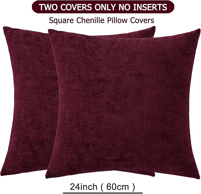 GAWAMAY Decorative Chenille Throw Pillow Covers 24x24 Inch Pack of 2, Soft Square Couch Pillow Cover for Sofa Cushion Living Room Bedroom Pillowcases Burgundy Red 60x60cm (ONLY Covers)