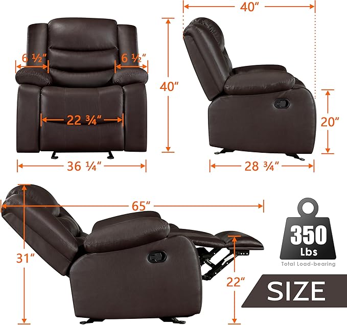PrimeZone Oversized Rocker Recliner Chair - Comfy Wide Lazy Boy Recliner Chair with Overstuffed Armrest, Faux Leather Manual Reclining Chairs for Living Room, Bedroom, Home Theater Seating, Brown