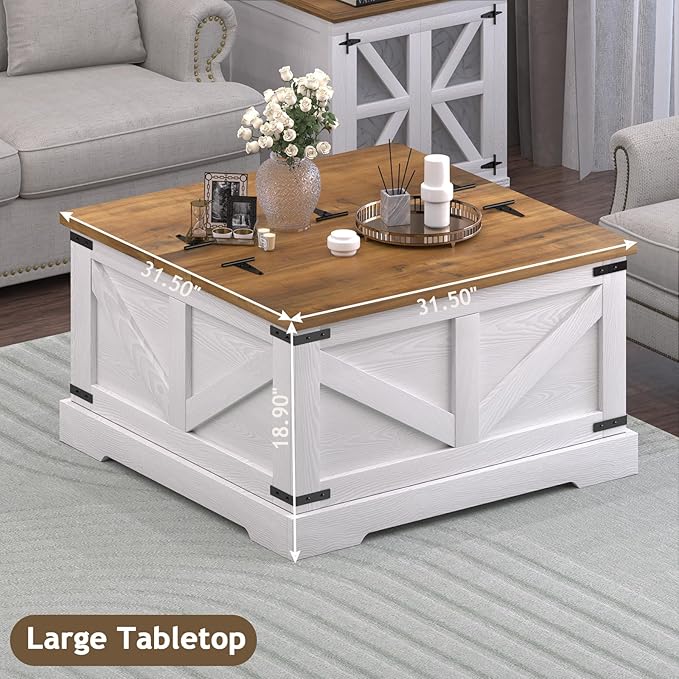 Farmhouse Coffee Table with Hidden Storage Compartment, White Square Coffee Table for Living Room, Wood Center Table with Hinged Lifting Tabletop for Home