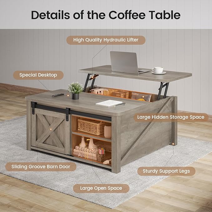 SEDETA 31.5" Lift Top Coffee Table with Storage, Square Coffee Tables for Living Room, Farmhouse Coffee Table with Large Hidden Storage Compartment and Adjustable Shelves, Grey