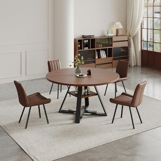 45.3" Walnut Round Dining Table Set with 4 Chairs – Mid-Century Modern Small-Space Kitchen & Dining Room Furniture for Apartment or Breakfast Nook (Boxwood – Storage Table + 4 Brown Chairs)