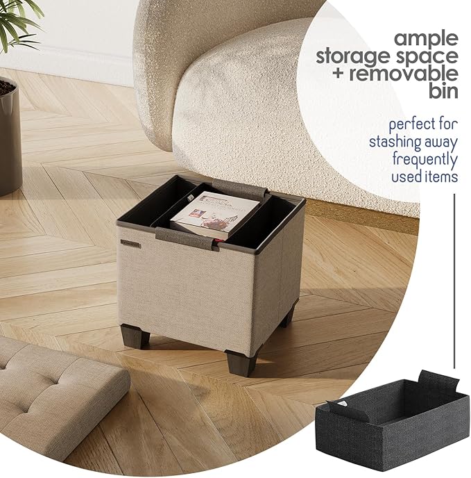STORAGEBUD Storage Ottoman Cube with Small Bin, 16-in Square Ottoman with Storage for Living Room and Bedroom, Small Ottomans Foot Rest, Fabric Foot Stools Ottomans Max 330lbs, Taupe