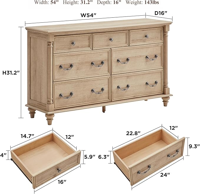 T4TREAM Farmhouse 7 Drawers Dresser Chests for Bedroom with 4 Solid Wood Feet, Tall Wide Wood Country Rustic Chest of Drawers, Storage Dressers for Bedroom, Living Room,Natural Oak