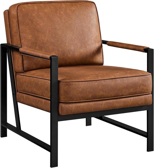 Yaheetech PU Leather Armchair, Retro Leisure Accent Chair with Extra Soft Padded and Cushion, Modern Reading Arm Chair with Black Metal Frame for Living Room/Office/Bedroom/Study, Light Brown