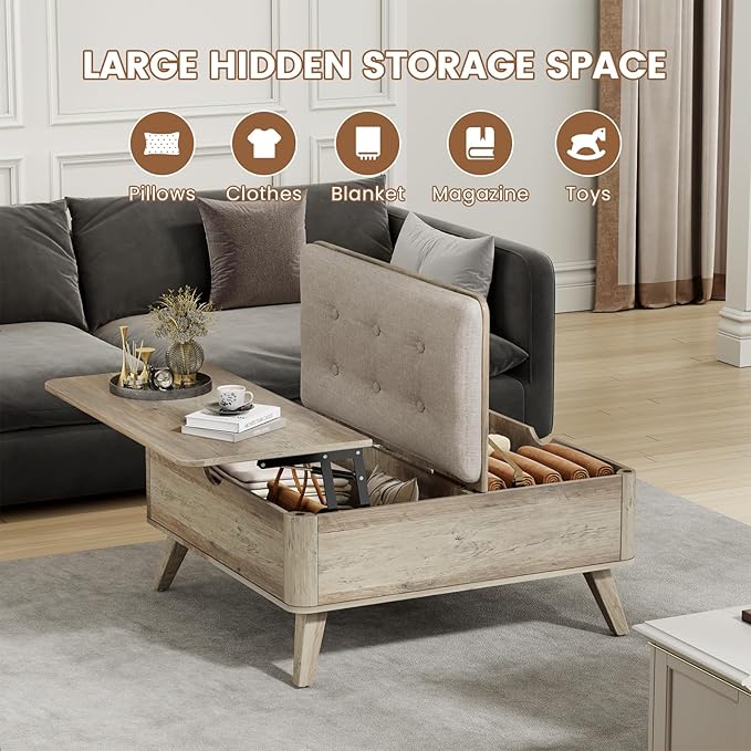 VOPEAK Lift Top Coffee Table with Storage, Large Square Coffee Table with Thickened Cushion, Family Gathering Center Table, Modern Wooden Coffee Tables for Living Room, Solid Wood Legs, Gray
