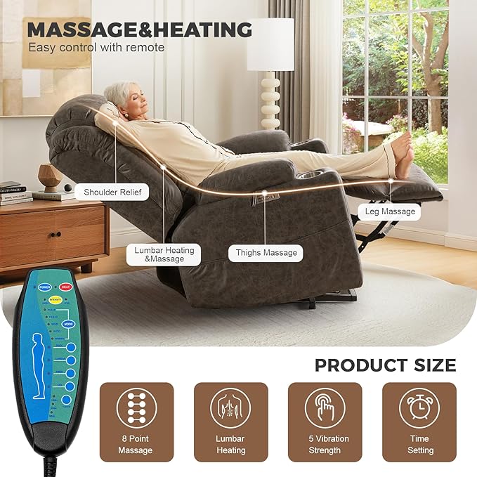 HUSFU Oversized Power Lift Recliner Chairs for Elderly with Massage and Heat, Extra Wide Recliners,Breathable Leather Lift Chairs w/Cup Holders, USB & Type-C Ports, Matte Grey,2PCS