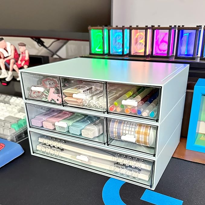 Plastic Storage Drawer, 6 Drawers Desk Organizer, Makeup Organizer, Blue (6.5" L x 8.9" W x 5.1" H)