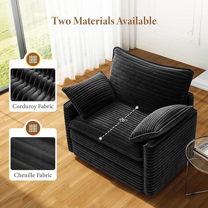 Vesgantti 40" Single Seat Sofa, Comfy Cloud Couch Deep Seat Upholstered Couch Corduroy Modern Sofa with Armrest Pillow, Easy Assembly for Living Room, Bedroom and Apartment, Black