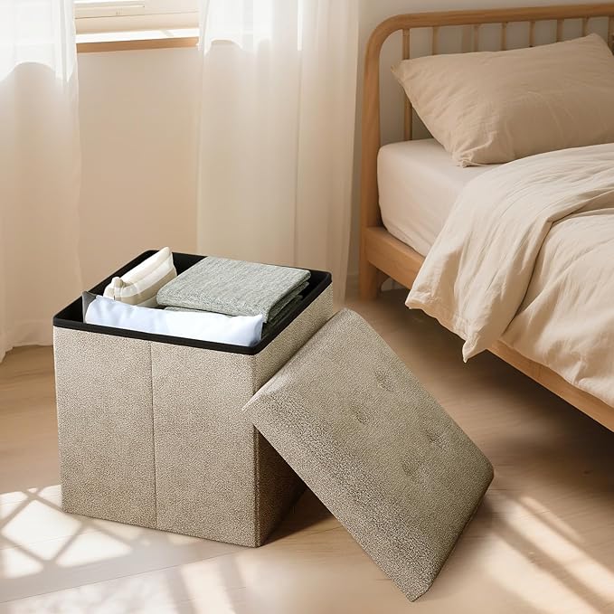 Storage Ottoman Bench, 15 Inch Ottoman Foot Rest, End of Bed Bench, Storage Chest, Load 700 lb, for Living Room, Bedroom, Entryway, Beige