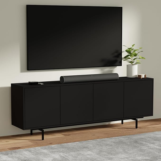 Norrhaus 75" x 26" 4-Door TV Stand in Black - Modern TV Console Made from Quality Engineered Hardwood with Water Resistant Melamine Veneer - No Tools Frame Assembly