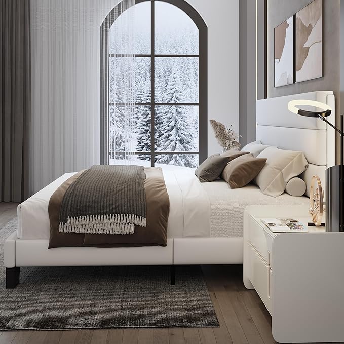 WEEWAY Full Size Bed Frame Platform Bed with Velvet Upholstered Headboard and Wooden Slats Support, Heavy Duty Mattress Foundation, No Box Spring Needed, Easy Assembly, White