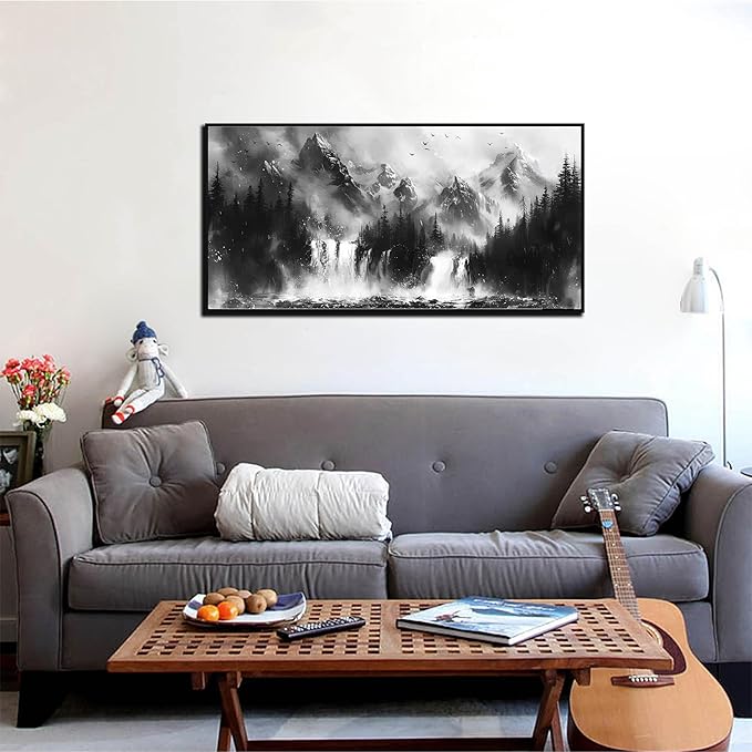 Foggy Forest Wall Art for Living Room - Black and White Art Wall Decor for Office - Framed Artwork for Walls Size 20" x 40"