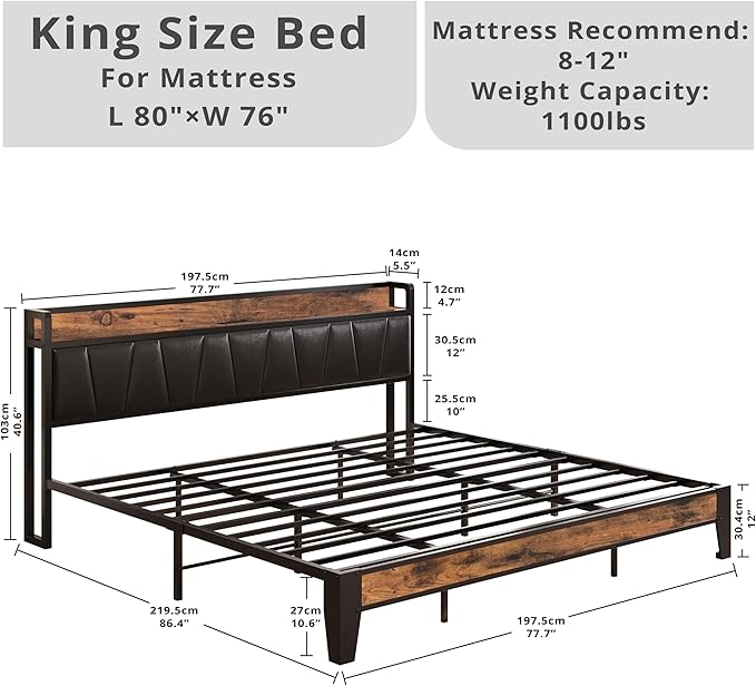 LIKIMIO King Bed Frame, Storage Headboard with Charging Station, Solid and Stable, Noise Free, No Box Spring Needed, Easy Assembly (Vintage and Black)
