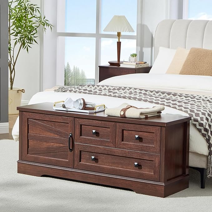 LIDYUK 3 Drawer Cherry Wood Dresser for Bedroom Farmhouse Dresser Chest of Drawers, 48" End of Bed Storage Bench Wide Chest of Drawers for Bedroom, Living Room