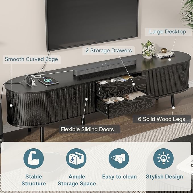 Alohappy 69" Mid Century Modern TV Stand with Charging Station, Farmhouse Curved Edge TV and Media Console Table with Drawer and Shelf, Fluted Entertainment Center for Living Room, Bedroom, Black