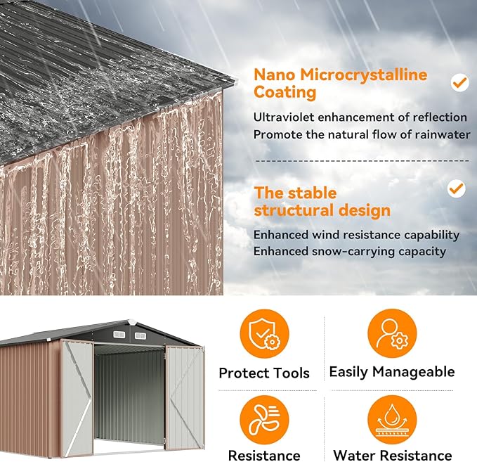 10x10 FT Metal Outdoor Storage Shed, Dual Doors with Lockable Bolts, Large Garden Shed for Yard Tools, Bike, Generator, Waterproof Galvanized Steel Panel with Vent & Sloping Roof (Brown)