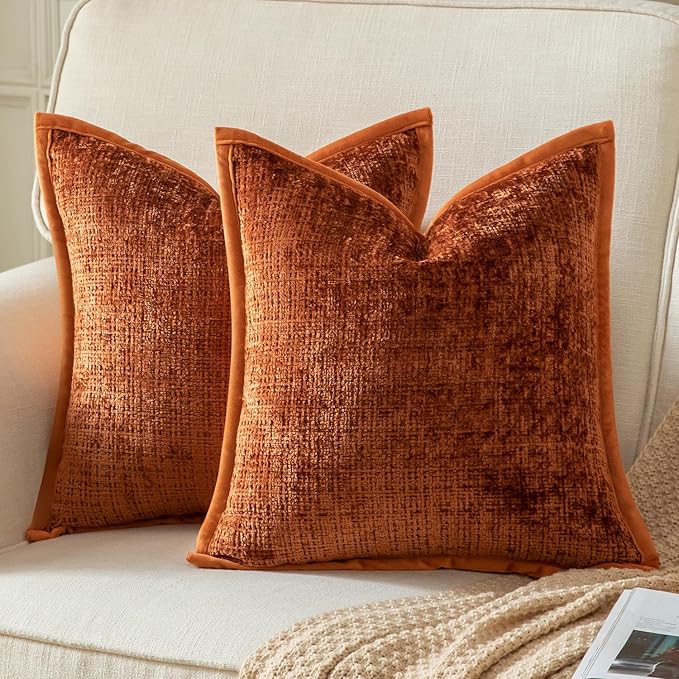Yaertun Pack of 2 Chenille Textured Decorative Throw Pillow Covers Accent Solid Cushion Cover Soft Cozy Pillow Case with Velvet Back for Couch Sofa Bed Living Room 16x16 Inch Burnt Brick