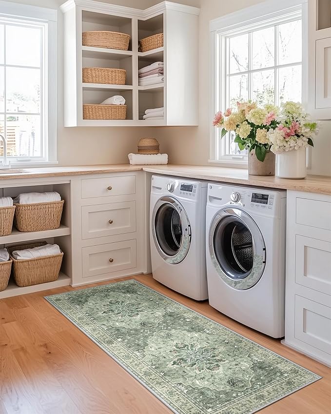 Area Rugs 2'x6' Washable Non-Slip, Floral Vintage Distress Print Pattern Medallion Carpet for Living Room Bedroom Dining Room, Dark Green Gray