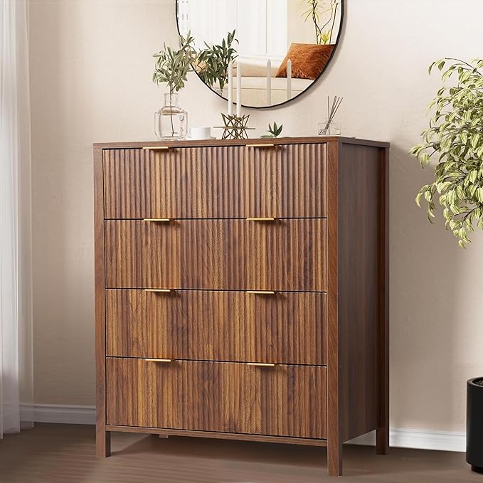 4 Drawer Dressers for Bedroom, Modern Closet Chest of Drawers with Waveform Fluted Panel, Large Wood Storage Dresser Organizer for Nursery Bedroom Living Room Hallway Closet, Walnut