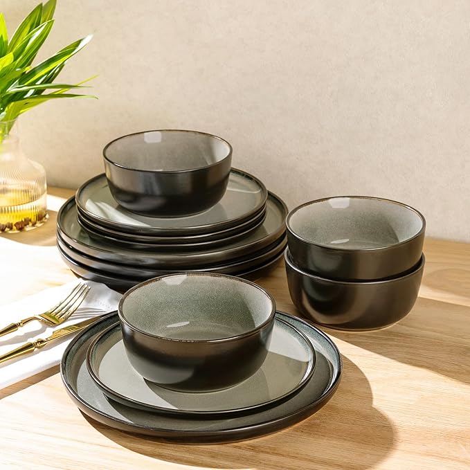 AmorArc Stoneware Dinnerware Sets,Round Reactive Glaze Plates and Bowls Set,Highly Chip and Crack Resistant | Dishwasher & Microwave Safe Dishes Set,Service for 4 (12pc)