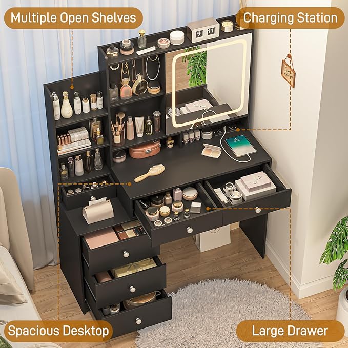 Vabches Makeup Vanity with LED Lights Mirror and Charging Station, Vanity Desk with Multiple Shelves and Drawers, Dressing Desk with 3 LED Light Models for Bedroom, Black