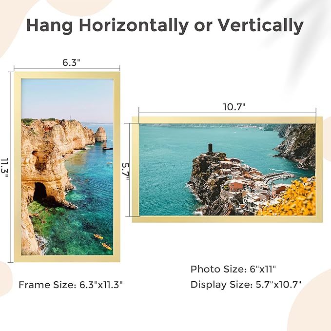 Metal Picture Frame - Gold Aluminum Picture Frames with Real Glass, Wall Mounting Horizontally or Vertically, Simple and Elegant Decor for Wall Gallery Poster Photo 11x6 Frames, Gold