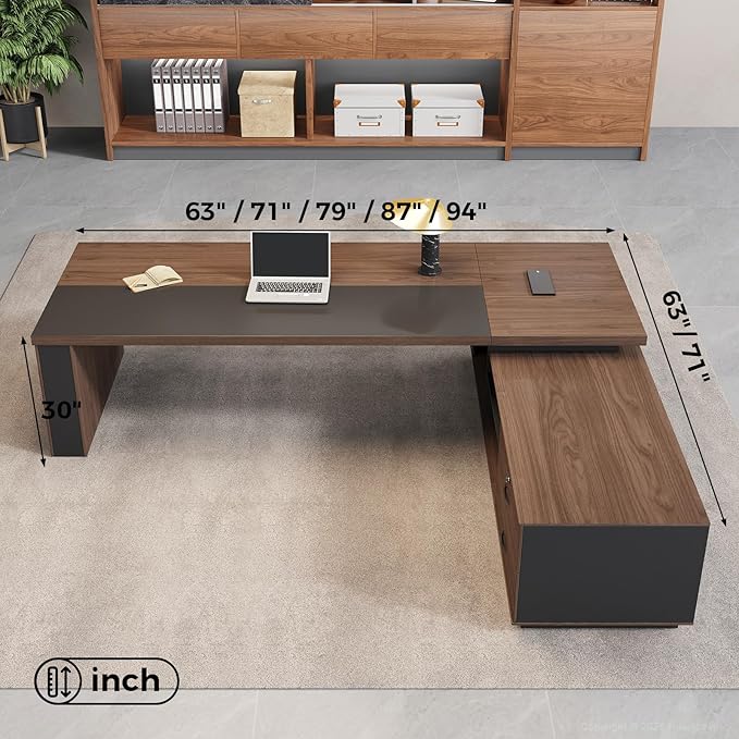 L-Shaped Executive Desk with LED Lights, Lockable Storage & 3-in-1 Charging Station, Reversible Cabinet, Modern Wood Office Desk for CEO, Manager & Home Office(Red Walnut+Black, 87"L*71"W*30"H)