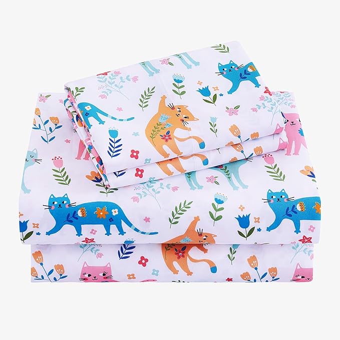 Viviland 4 Pieces Girls Pink Cat Full Sheet Set - Soft Microfiber Fitted Flat Sheets & Pillowcase - Kids Colorful Floral Leaf Print Bedding Sets - for Kids & Toddlers