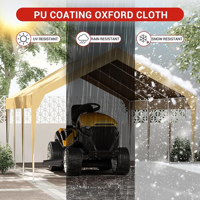 10x20FT Heavy Duty Carport Canopy with Sturdy Frame, Portable Waterproof and UV-Resistant Garage Shelter, Adjustable Height for Car, Boat, Outdoor Storage and Parties Yellow