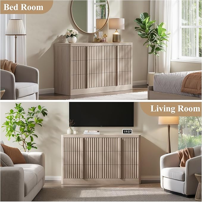 Fluted Dresser for Bedroom, 47" Wide 6 Drawer Dresser, Modern Chest of Drawers with Solid Wood Handle, Curved Profile Design, Wood Dressers Storage Organizer, Living Room, Hallway, Natural Oak