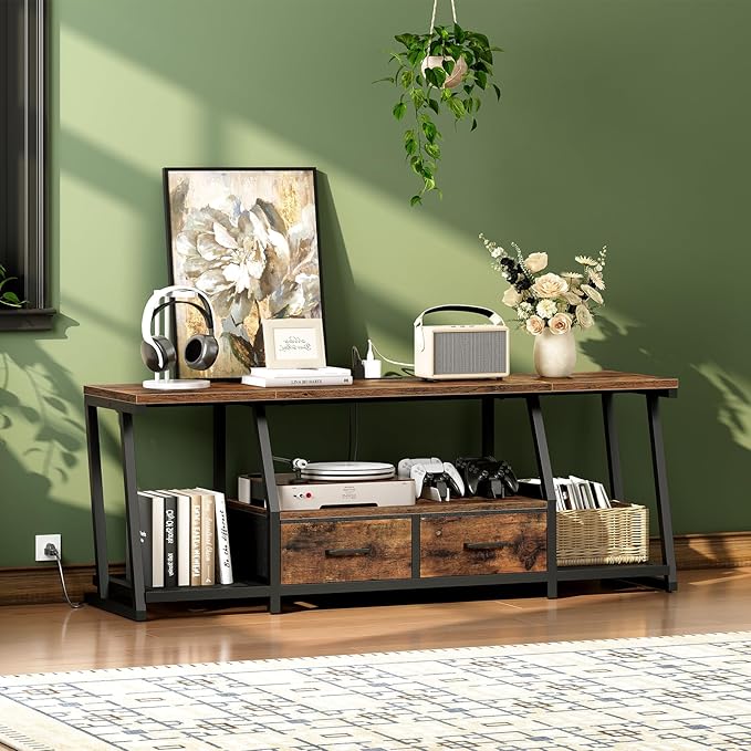 LED TV Stand with Fabric Drawers for 65 Inch TV, Entertainment Center with Power Outlets and Open Storage Shelves, Industrial Media TV Console Table for Living Room, Bedroom, Rustic Brown